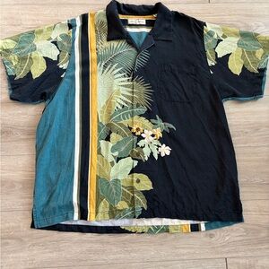 Tommy Bahama Silk Button Up Shirt Hawaiian Black Green Yellow Floral Mens 2XL